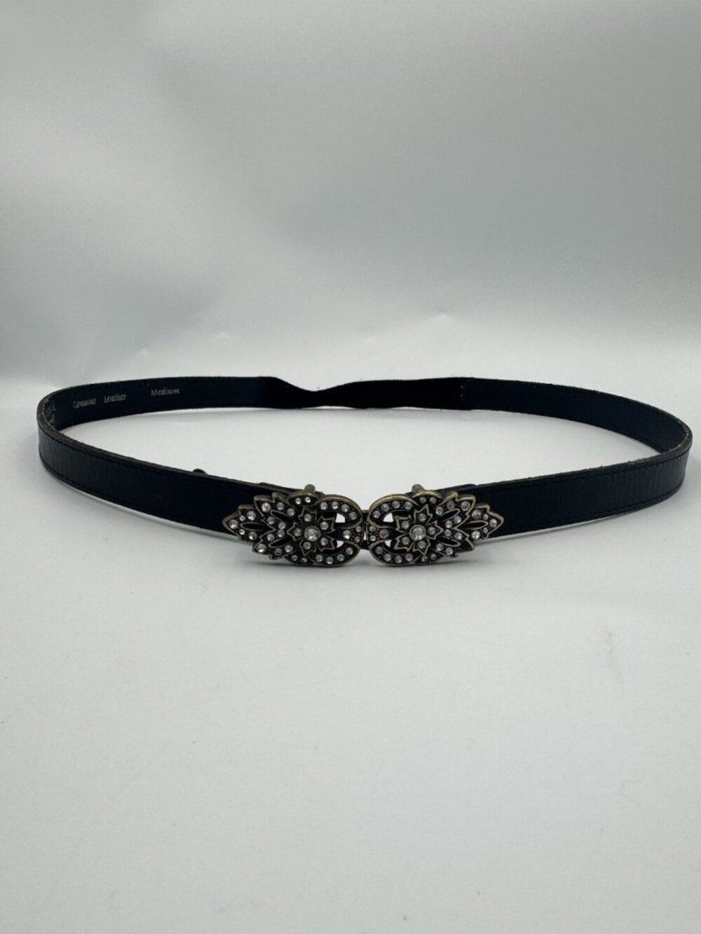 Fossil Black Stretch Leather Rhinestone Skinny Belt Medium